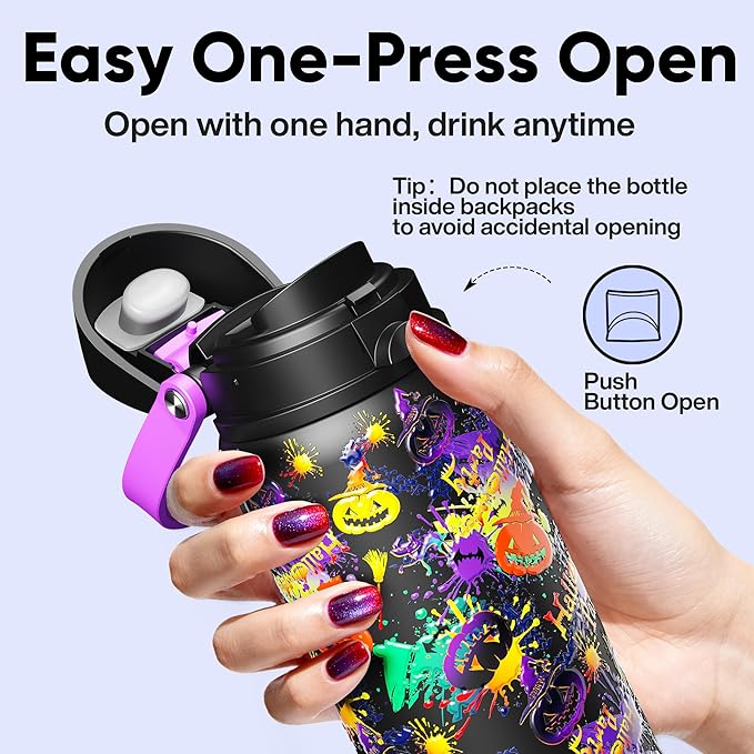 Insulated Water Bottle with Straw - Encool Stainless Steel Water Bottle with Push Button Lid, Leak-Proof & BPA-Free, Keeps Cold for 24 Hours for Sports, Travel, Gym (32 oz, Ghost Party) ENCOOL