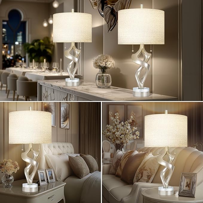 Scenekoy Sculptural Resin Table Lamp Set of 2 with USB Ports for Bedroom Living Room, 26” Antique Silver Leaf Dual Pull Chains Bedside Lamps, Nightstand Lamp for Home Room Decor (Bulbs Included) - Bloomnest