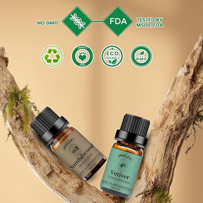 yethious Sandalwood Vetiver Essential Oil Set 100% Pure Organic Undiluted Aromatherapy Oils for Diffuser, Skin, Hair, Perfume, Soap, Candle Making 2 x 10ML - Bloomnest