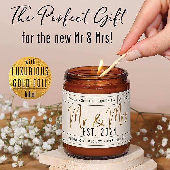 Wedding Gifts for Couples 2024, Mr and Mrs Gifts - 'Mr & Mrs Est. 2024' Candle, w/Champagne on Ice I Unique Newlywed Wedding Gifts for Couple I Wedding Shower Gifts Bride & Groom I 50Hr Burn,USA Made - Bloomnest