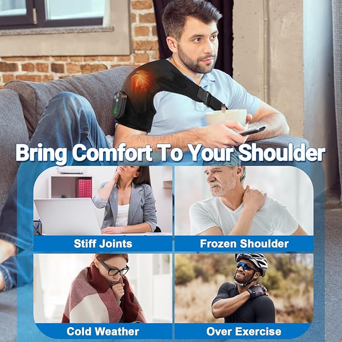 YUANBO Shoulder Heating Pad Massager - Cordless Portable Heated Shoulder Brace & Wrap with Vibration, 6 Heat & Timer Modes - Warmer Gift for Mom & Dad