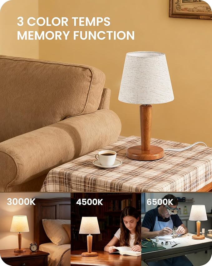 12”Wood Bedside Table Lamps Set of 2, Small Desk Lamps for Small Places, 3 Color Temperatures with Memory,Beige Linen Shade & E26 Bulbs, for Bedroom Living Room Office LE13TLP205 - Bloomnest