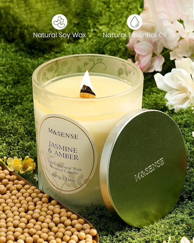 M&SENSE Jasmine Amber Candle, Cracking Wooden Wick Soy Wax, 18oz 100 Hours Long Lasting Clean Burn, Large Jar Candles for Home Scented, Non-Toxic Relaxing Aromatherapy Gifts for Women - Bloomnest