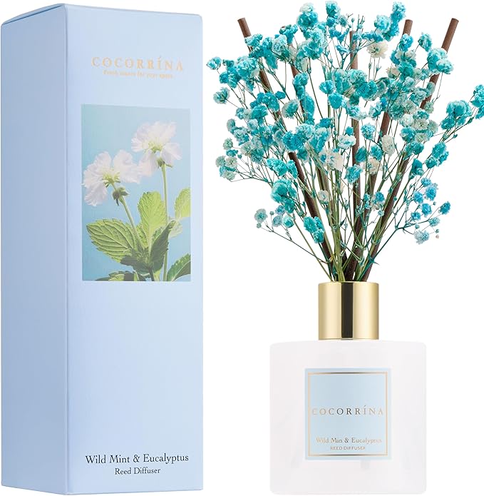 COCORRÍNA Reed Diffuser - Wild Mint & Eucalyptus 6.7 Fl.oz Reed Diffuser Set with Sticks & Preserved Baby's Breath, Reed Diffuser for Home Bathroom Shelf Decor - Bloomnest