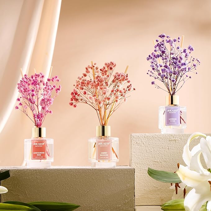 Airkeep Reed Diffuser Set of 3, Lavender Thyme Sandalwood Rose Cherry Blossom Oil Reed Diffusers for Bedroom Living Room Office Aromatherapy Oil Reed Diffuser for Gift 50ml x 3 - Bloomnest