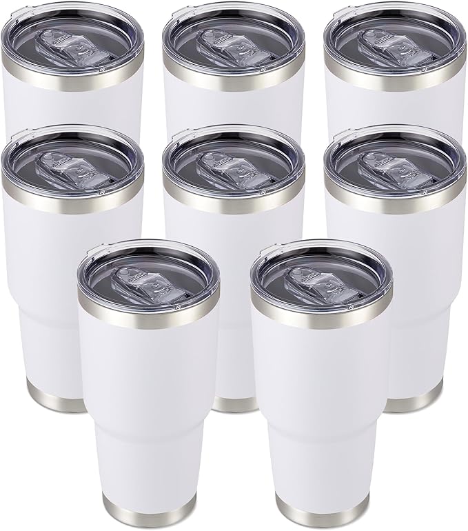 30 oz Tumbler with Lid Stainless Steel Tumblers Bulk Vacuum Insulated Cup Reusable Powder Coated Travel Mug Double Wall Leak Proof Cups Keep Cold Drinks for 12 Hours White, Set of 8