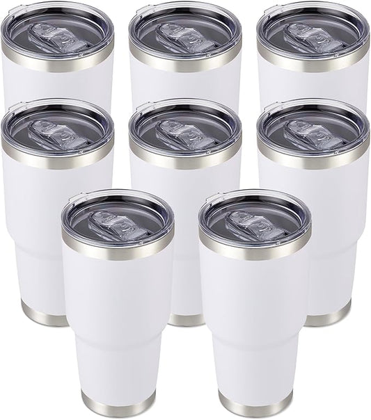 30 oz Tumbler with Lid Stainless Steel Tumblers Bulk Vacuum Insulated Cup Reusable Powder Coated Travel Mug Double Wall Leak Proof Cups Keep Cold Drinks for 12 Hours White, Set of 8