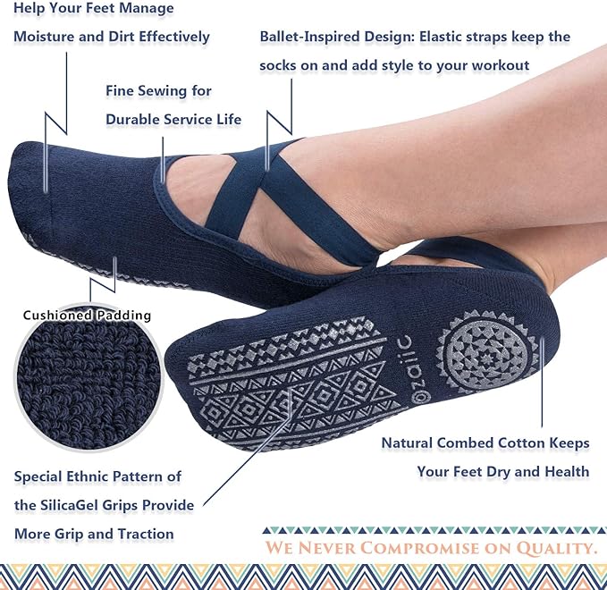 Ozaiic Pilates Socks for Women Non Slip Grip, Yoga Socks with Grippers for Barre, Hospital, Ballet, Dance, Barefoot Workout - Bloomnest