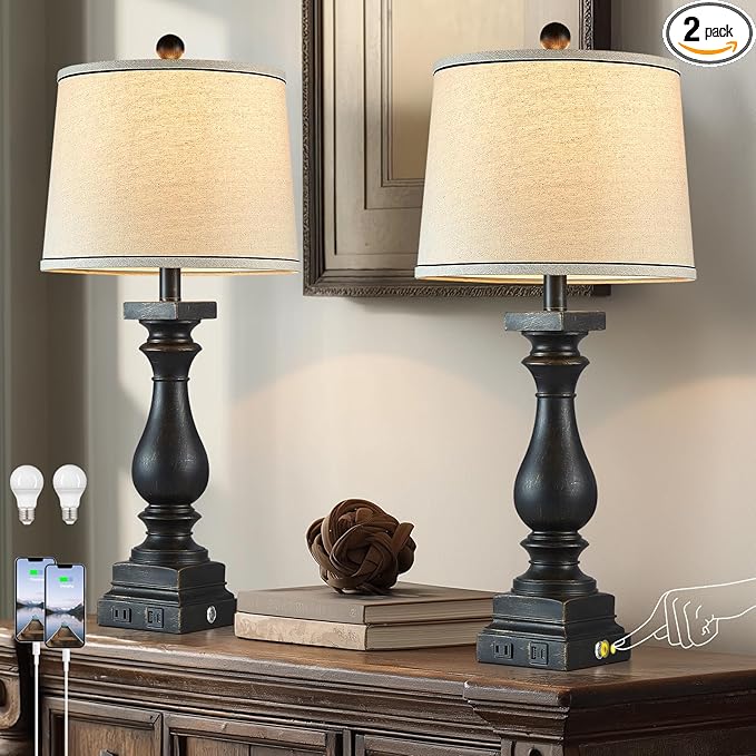 28" Tall Farmhouse Table Lamps Set of 2 with USB C+A Ports and AC Outlet, 3 Way Touch Control Rustic Bedside Lamp for Bedroom, Black Vintage Nightstand Lamp for Living Room Office - Bloomnest