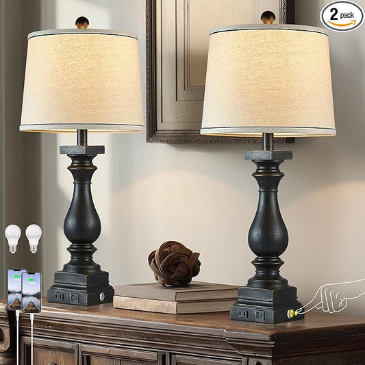 28" Tall Farmhouse Table Lamps Set of 2 with USB C+A Ports and AC Outlet, 3 Way Touch Control Rustic Bedside Lamp for Bedroom, Black Vintage Nightstand Lamp for Living Room Office - Bloomnest