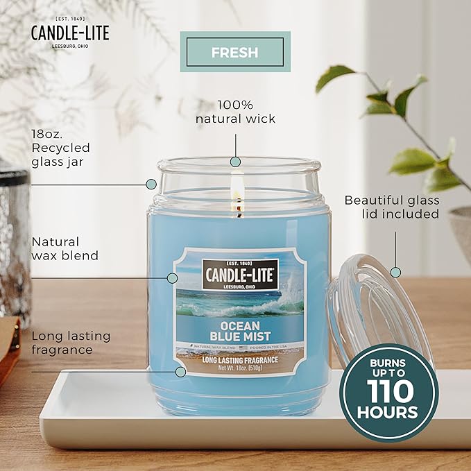 Candle-lite Scented Candles, Ocean Blue Mist, 18 oz Jar, Proudly Poured in The USA, Aromatherapy Candle, Single-Wick with 110 Hours of Burn Time, Perfect for Creating a Relaxing Ambiance - Bloomnest