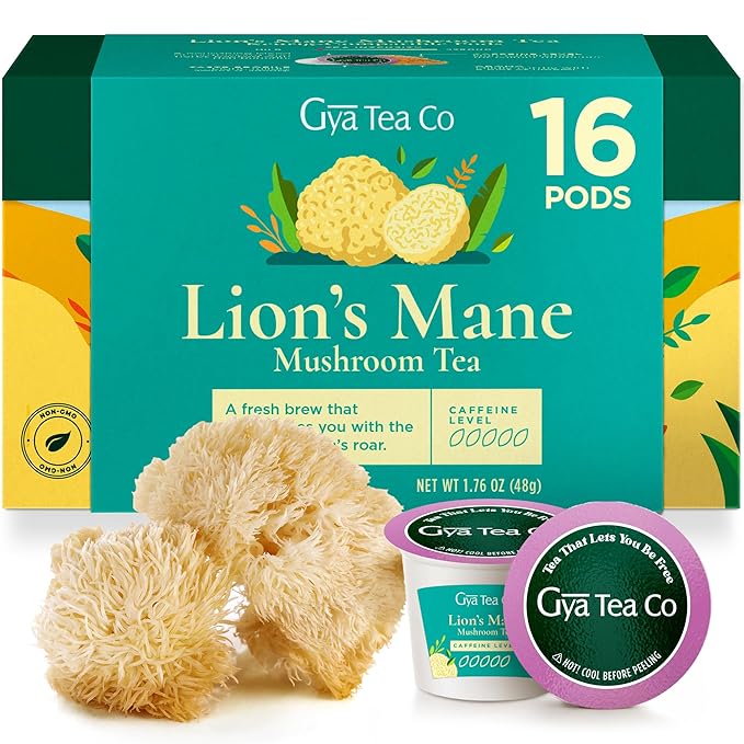 Gya Tea Co Lion's Mane Mushroom Tea Gift Set (16 Count) - Decaf Tea Pod for Lovers Get Well Gifts - Manually Harvested - Enjoy Hot or Iced - Bloomnest