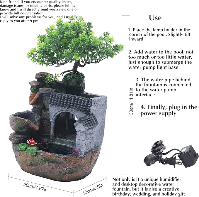 11" Desktop Fountain Rock Waterfall Humidifier with Artificial Tree &LED Light, Tabletop Water Fountains Indoor Fake Plant Bonsai Tree Feng Shui Decoration for Aquariums Office Bedroom Home Décor - Bloomnest