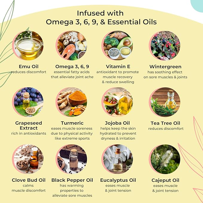 Sports Oil Muscle Rub with Pure Emu Oil, Omega 3 6 9, Tea Tree, Vitamin E, & Essential Oils - 100ml Oil Soothing for Muscle Stiffness & Skin Discomfort by Y-Not Natural