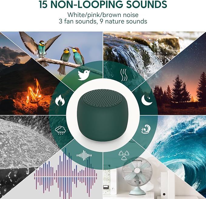 Babelio White Noise Sound Machine for Adults Kids Baby, Mini, 15 Non-looping Sounds, Timer, Memory Function, Easy to Pocket and Travel Green - Bloomnest