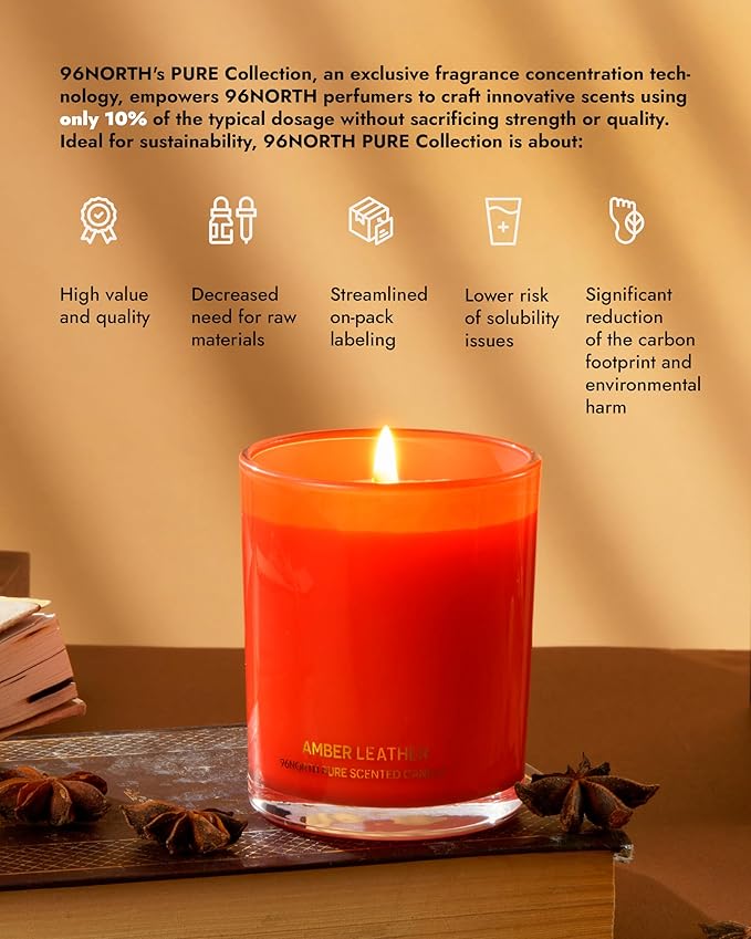 96NORTH | Pure Amber Leather Candle | 100% Natural Soy Wax | One Wick Jar Candle | Natural Fragrance Technology | Non Toxic | Up to 35 Hours Burning Time | Aromatherapy Gift for Men and Women - Bloomnest