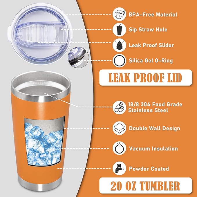20 oz Tumbler Coffee Travel Tumblers Bulk with Lid Stainless Steel Double Wall Vacuum Insulated Mug Powder Coated Cups fit Car Cupholder for Hot and Cold - Orange, 1Pack - Bloomnest