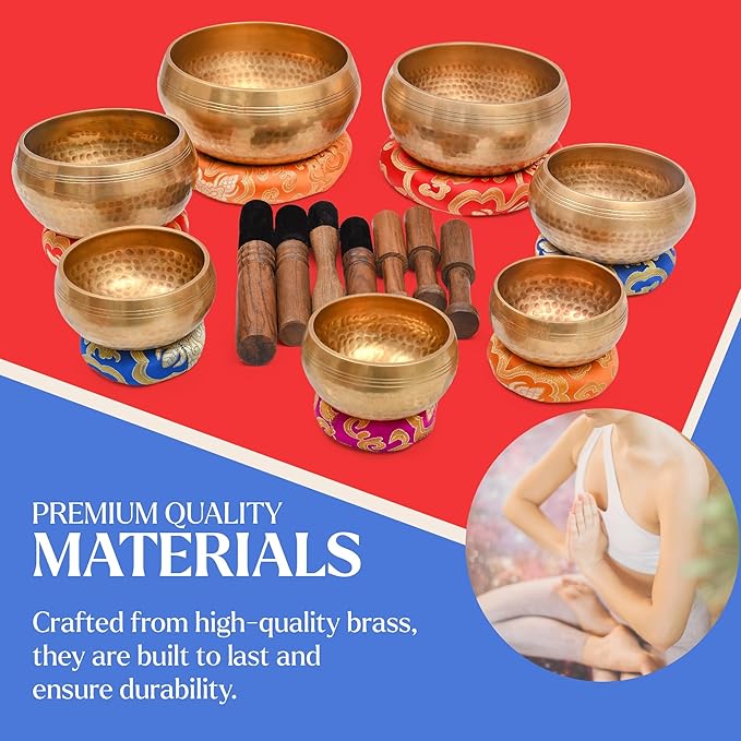 Tibetan Singing Bowl Set-Authentic Cuencos Tibetanos for Sound Healing, Meditation & Chakra Balancing - Includes Cushion, Mallet-Unique Spiritual Gifts for Women and Men (7 Chakra Bowl Set) LNYSI