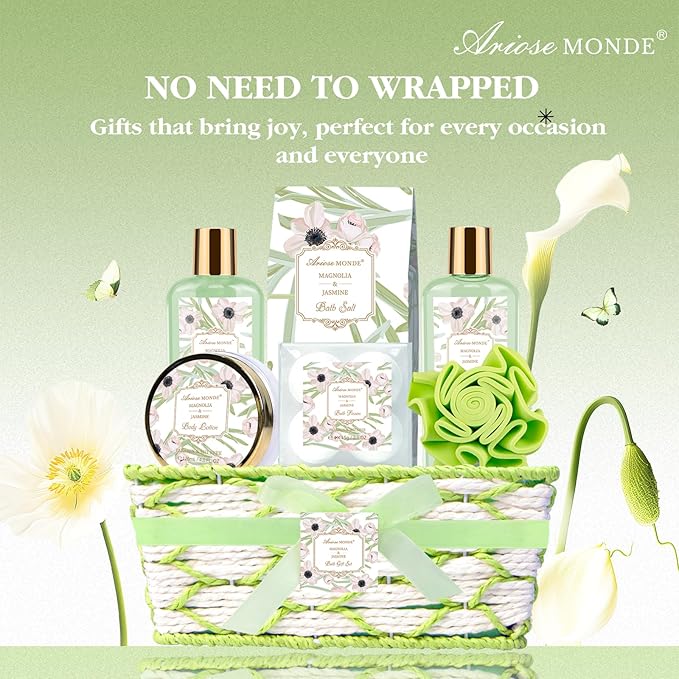 Spa Gifts for Women, Bath Sets, 7Pcs Spa Gift Set w/Shower Gel, Bubble Bath, Bath Salts, Bath Bomb, Body Lotion, Christmas Gifts for Women, Magnolia & Jasmine Bath Set - Bloomnest
