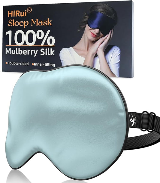 HiRui Silk Sleep Mask, 100% Natural Mulberry Silk of Double-Sided & Inner-Filling, Ultra-Smooth Soft, Adjustable Strap, Blocks Light for Night Sleeping, Travel, Office Naps (Light Blue) - Bloomnest