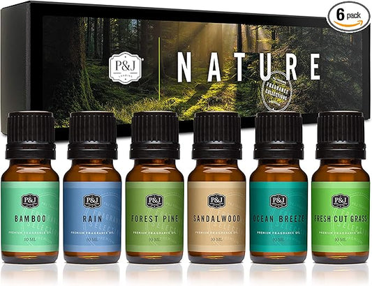 P&J Fragrance Oil Nature Set | Forest Pine, Ocean Breeze, Rain, Fresh Cut Grass, Sandalwood, and Bamboo Candle Scents for Candle Making, Freshie Scents, Soap Making Supplies, Diffuser Oil - Bloomnest