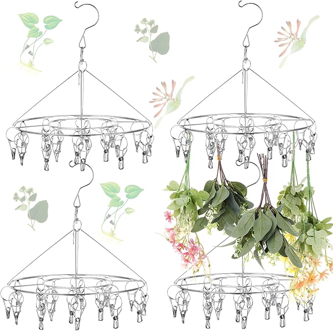 Bokon 4 Pcs Hanging Drying Rack for Herb Macrame Flower with Stainless Clip Dryer Hook for Drying Herb Air Plants Spices Flower Hydroponic Plant Ready to Use with Ceiling Hook(Round) - Bloomnest