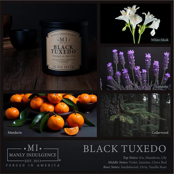 Manly Indulgence Black Tuxedo Jar Candle 16.5 oz - White Musk, Lavender, Cedarwood, Jasmine & Earthy Orris - Up to 60 Hour Burn - Soy Blend Wax, USA Poured - Bloomnest