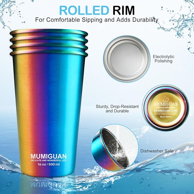 Stainless Steel Cups for Kids 16oz/500ml (4 Pack), Children's Rainbow Electroplating Cups, Camping Stainless Steel Cups, Stackable Metal Drinking Glasses, Toddler Stainless Steel Tumbler, BPA Free - Bloomnest