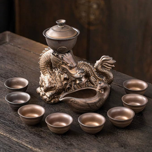 Kungfu Tea Sets Ceramic Teapot with Infuser Loose Leaf Tea Teapot with 8 cups (Antique Brass Dragon- C) - Bloomnest
