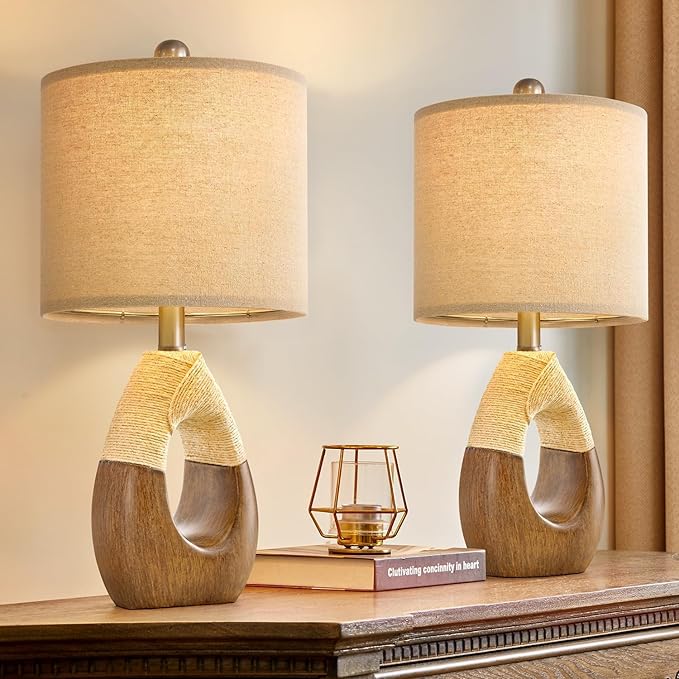 OYEARS Boho Table Lamps Bedroom Living Room Set 2,Suitable for Small Space,Farmhouse RattanTable Lamp 19”Rustic Egg Design Resin Light Decoration,Nightstand Bedside Lamps for Office Study Rest - Bloomnest