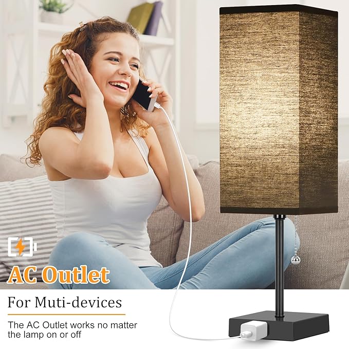 Table Lamp for Bedroom set of 2,3-Color Bedside Lamps with Pull Chain Table Lamps for Nightstand with AC Outlets,18'' Night Light Lamps with 2 Bulbs Lamps for Living Room Kids Office Decor（Black） - Bloomnest