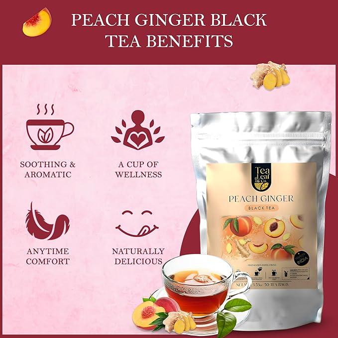 Tealeaf & Co. Peach Ginger Tea Blended with Organic Spices - Organic Black Tea Bags with Ginger & Peach Flavor - Flavored Blend with Low Caffeine - Gluten Free - 50 Teabags - Bloomnest