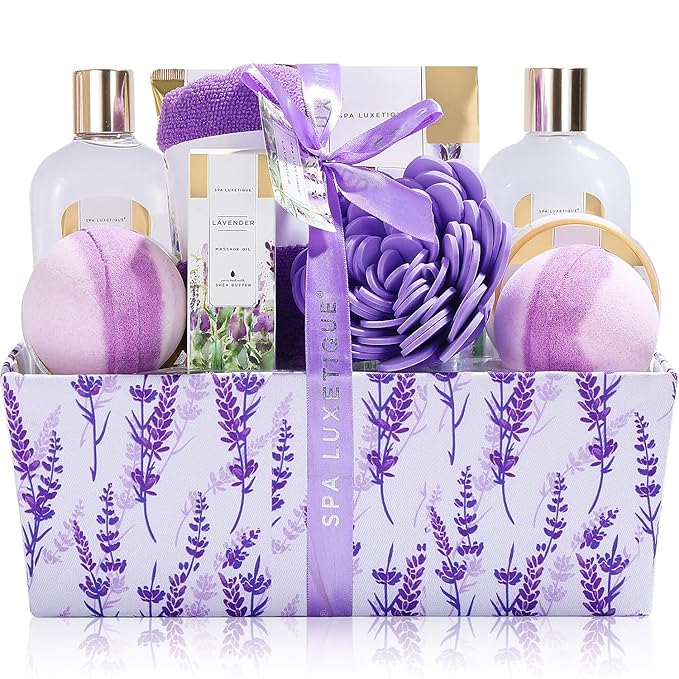 Spa Gift Basket, Spa Luxetique Lavender Spa Kit for Women - 12 Pcs Lavender Scented Spa Gift Set, Home Spa Set with Essential Oil, Bubble Bath, Bath Salts, Body Scrub, Valentine Day Gifts for Women