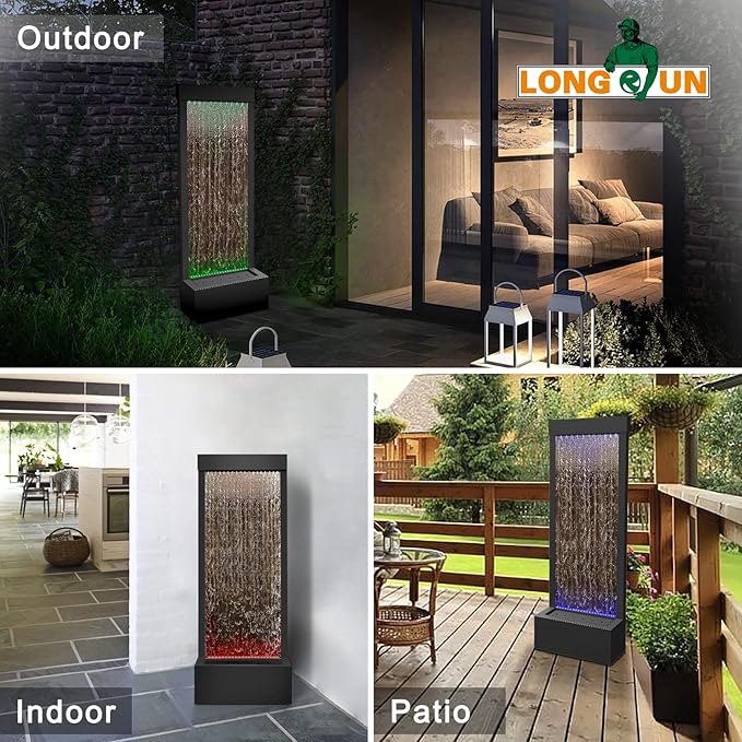 LONGRUN Indoor Water Fountain Mirror Waterfall Fountain with APP Controlled Multicolor LED Light, Floor Standing Fountains Kit, 48" Home Decor Large Freestanding Water Feature Waterfalls - Black Brown - Bloomnest