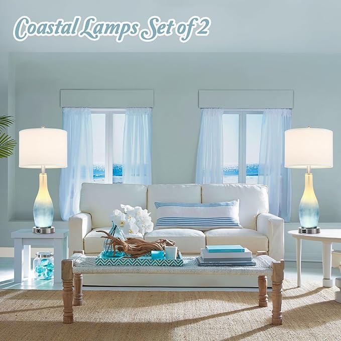 BesLowe 26in Tall Glass Table Lamps Set of 2 with 2 USB Charging Ports & LED Nightlight, Large Coastal Table Lamps for Living Room End Table, Modern Beach Lamps for Bedroom Bedside Nightstand, Blue - Bloomnest
