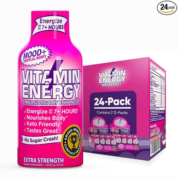 Vitamin Energy Mood+ Extra Strength Energy Shot Tropical Berry 24 Pack, 260mg Natural Caffeine, B-Vitamins, Rhodiola, Chamomile, Mood & Energy Support, Zero Sugar, Gluten-Free, Vegan, 1.93 fl oz - Bloomnest