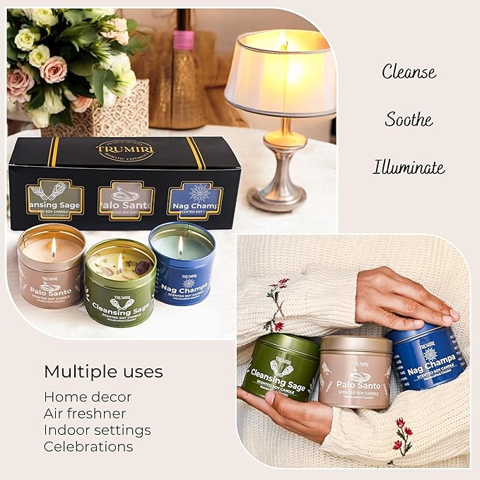 Cleansing Sage, Palo Santo, Nag Champa - Soy Candles Non Toxic - Highly Scented Long Lasting with Essential Oils - Variety Pack of 3 x 5oz - for Home Aromatherapy Meditation Gift Travel TRUMIRI