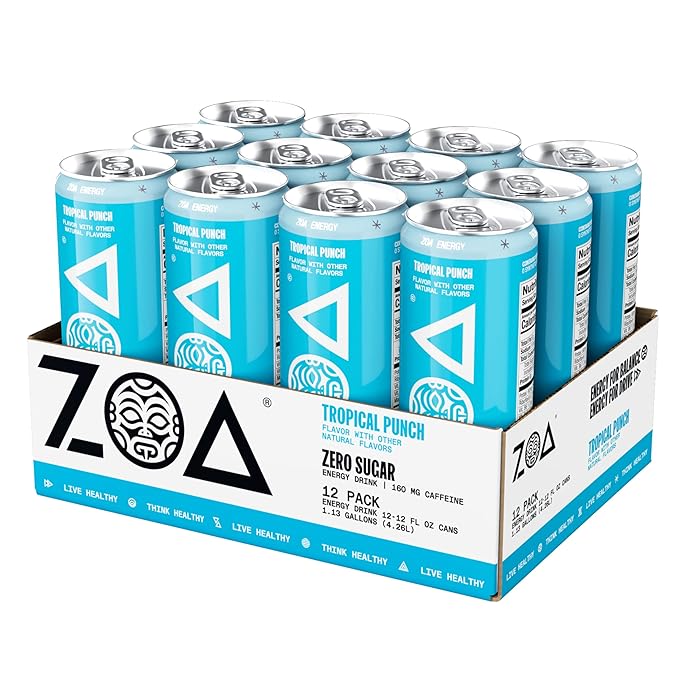 ZOA Zero Sugar Energy Drinks, Tropical Punch - Sugar Free with Electrolytes, Healthy Vitamin C, Amino Acids, Essential B-Vitamins, and Caffeine from Green Tea - 12 Fl Oz (12-Pack) - Bloomnest