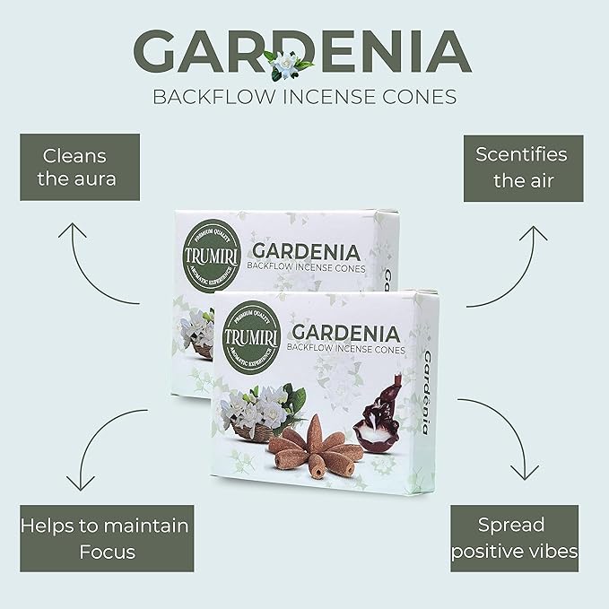 TRUMIRI Gardenia Backflow Incense Cones - Total 20 Incense Cones Waterfall - Dual Pack of 10 Incense Backflow Cones - Waterfall Incense Cones - Incense Waterfall Cones TRUMIRI