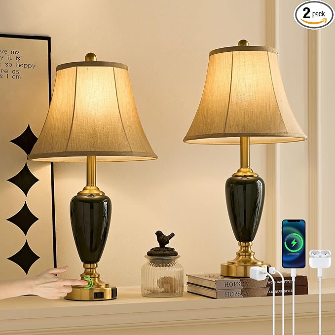 24" Ceramic Table Lamp with 3 Way Dimmable Touch Lamps - 2 USB Ports & AC Outlet Bedside Lamps, Modern Nightstand Lamp for Bedroom Living Room Office (Bulb Included) (Dark Green-2 Pack) - Bloomnest