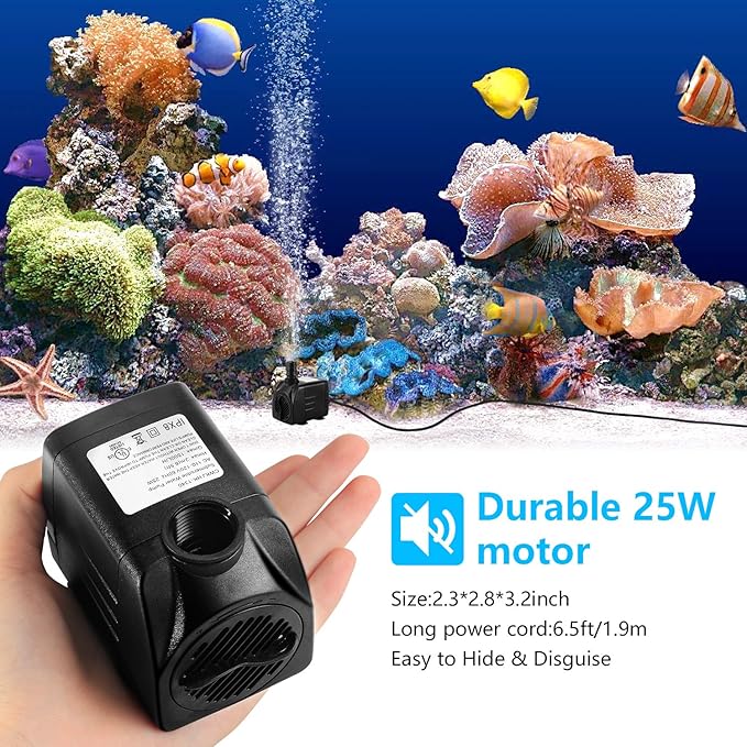 Fountain Pump, 400GPH Submersible , Durable 25W Outdoor Water Pump with 6.5ft Power Cord, 3 Nozzles for Aquarium, Pond, Fish Tank, Water Pump Hydroponics, Backyard Fountain - Bloomnest