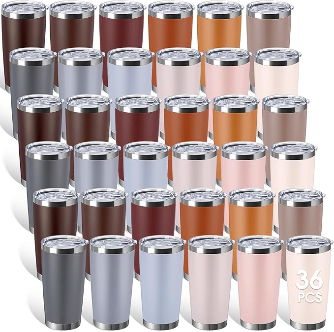 Sieral 36 Packs Stainless Steel Tumbler Bulk with Lid Vacuum Double Wall Insulated Travel Coffee Mug Powder Coated Tumbler Cup for Graduation Wedding Christmas Birthday Party(Brown Gray, 20 oz) - Bloomnest