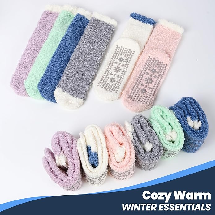 HUGSWEET 6 Pairs Thick Fuzzy Socks with Grip Cozy Non Slip Hospital Socks Home Fluffy Warm Slipper Socks Gifts for Women - Bloomnest