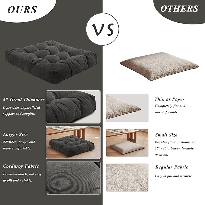 Meditation Floor Pillow 22×22 Inch 2 Pack Large Floor Cushions for Adults Square Tufted Corduroy Floor Pillows for Yoga Living Tatami Room Dark Grey - Bloomnest