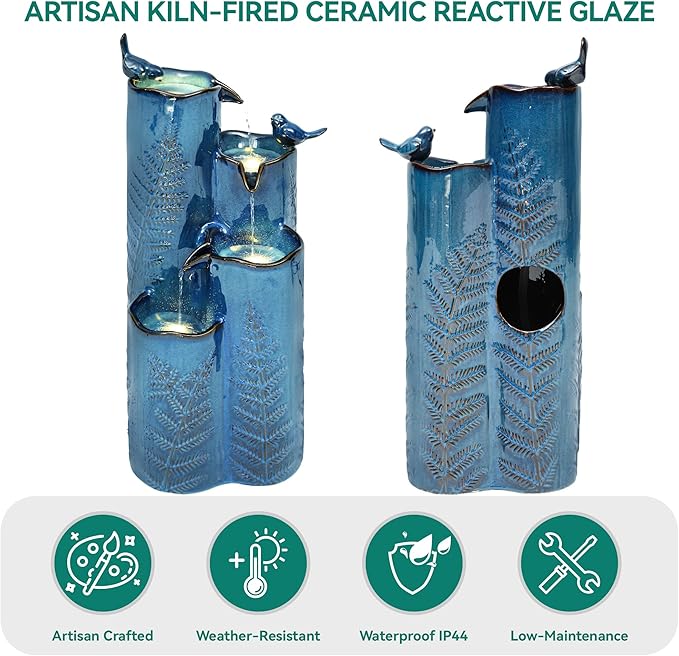 Outdoor Water Fountain with Lights, 32" Ceramic Vase Fountain with 4-Tier Waterfall and Bird Decor, Tall Garden Waterfall with Turquoise Glaze & Tropical Fern for Patio, Yard, Balcony, Porch - Bloomnest