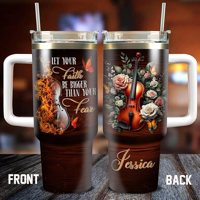 WAZONE Personalized Vintage Violin Tumbler 40oz with Handle and Straw Custom Name Let Your Faith Be Bigger Than Your Fear Stainless Steel Coffee Mug Novelty Gift For Violinist Girl Women Men - Bloomnest