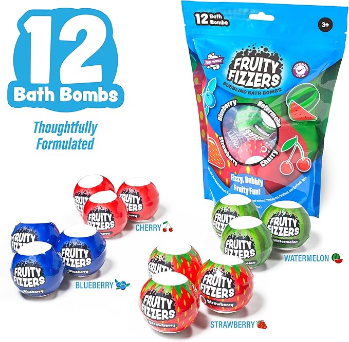 Tub Works® Fruity Fizzers™ Bubbling Bath Bombs for Kids, Variety 12 Pack | Dye-Free & Naturally-Derived | Gentle Kids Bath Bombs for Fizzy, Fruity, Bubbly Fun | Toddler BathBombs with Fruit Extracts