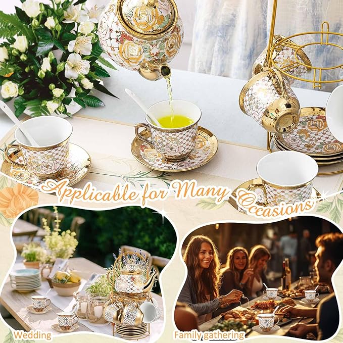 Zhehao 20 Pcs Porcelain Tea Set with Metal Holder and Spoon Adult Ceramic Tea Set European Flower Painting Teapot Cup Saucer Spoon for Women, Large Version(Delicate Style) - Bloomnest