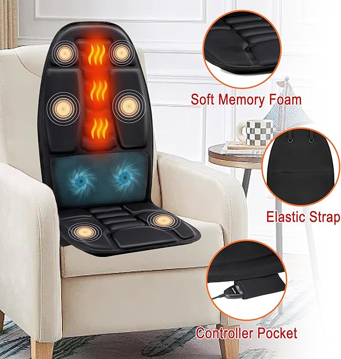 Massage Seat Cushion with Heat, Cooling Back Massager for Chair, Chair Massager for Full Body Massage, Deep Tissue Vibration Pad with 2 Adapters, Gifts for Dad Mom - Bloomnest