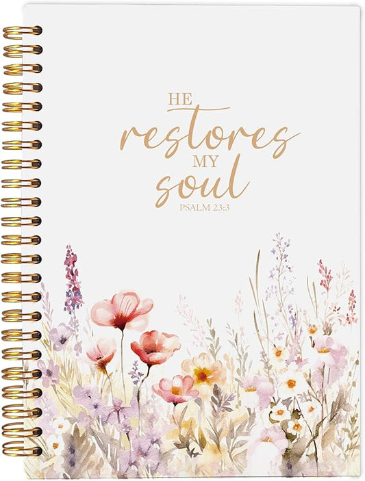 Christian Notebook for Women, Christian Art Gifts Journal, Prayer Journal for Women, Bible Journaling Notebook, PSALM 23:3 He Restores My Soul Floral Spiral Notebook 5.5x8.3 - Bloomnest